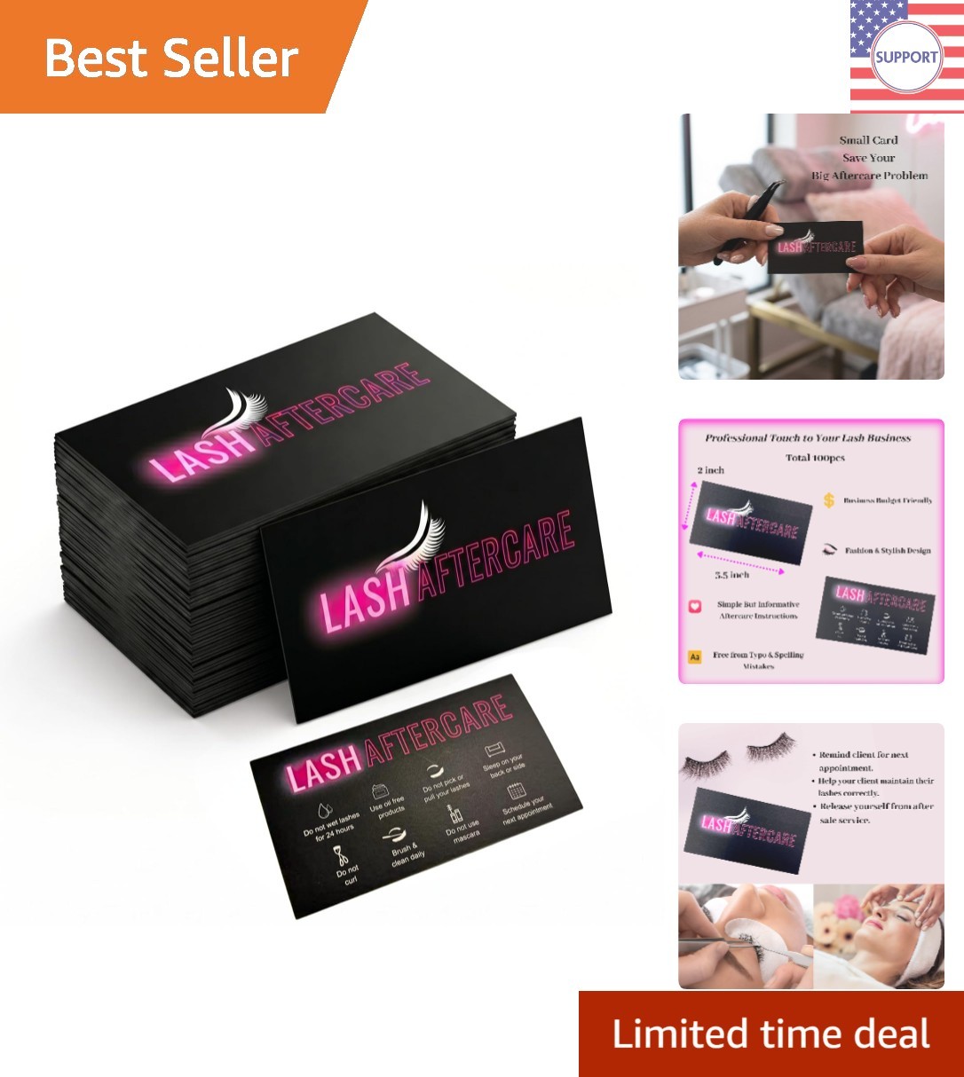Neon Pink & Black Aftercare Cards 100 Pack - Essential Lash Care Instructions