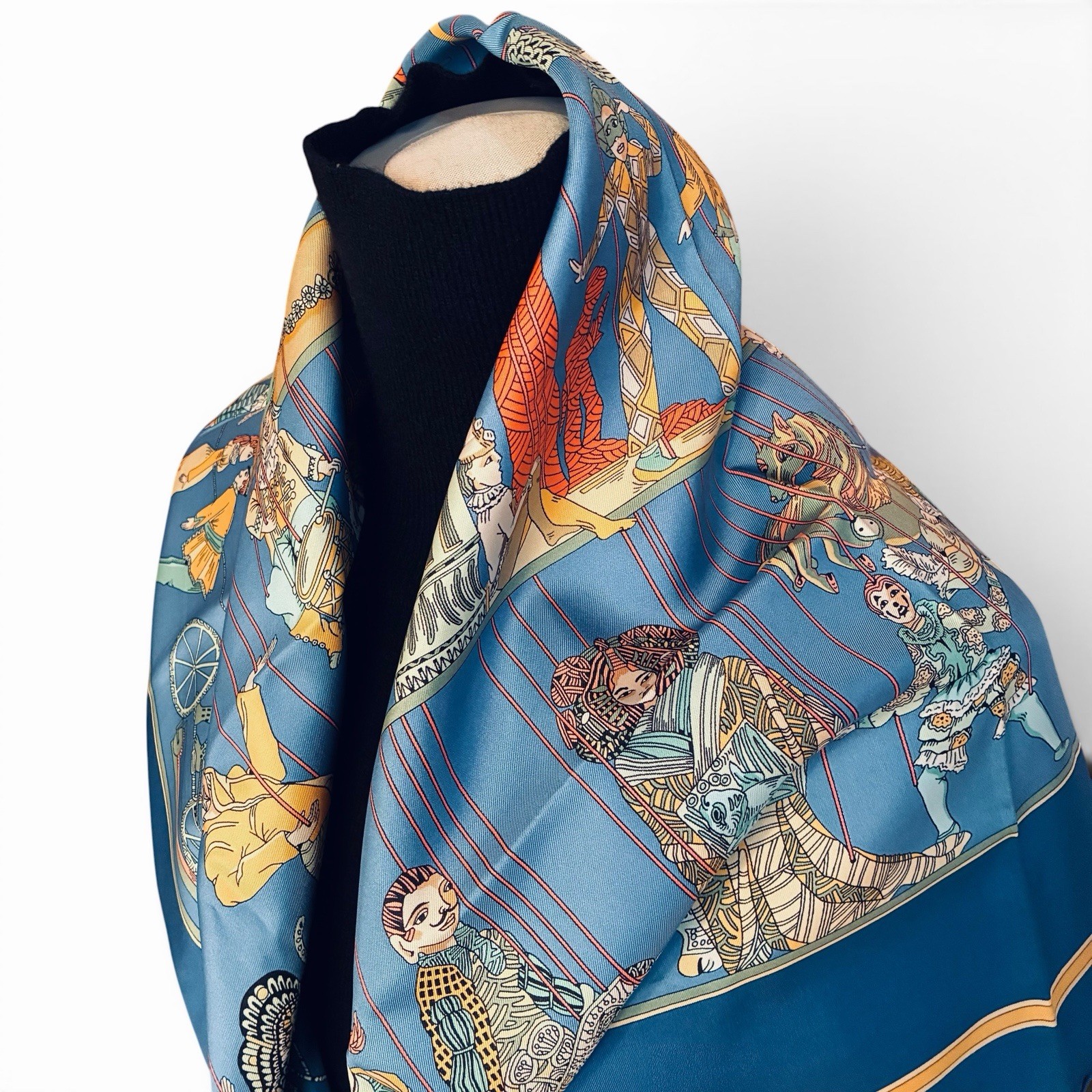 HERMES Women Silk Scarf Blue Multicolor Le Temps Des Marionnettes Carre 90