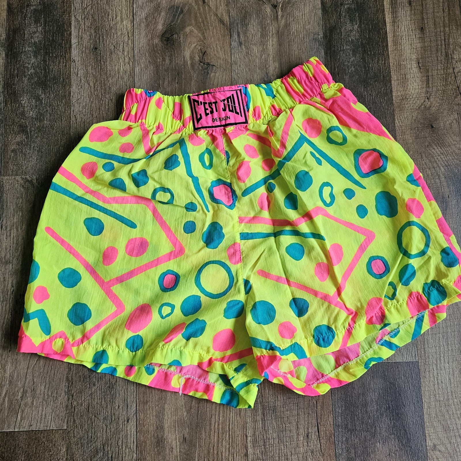 Vintage C'est Joli Neon Abstract Geometric Nylon Shorts 80s 90s Retro Rave Party
