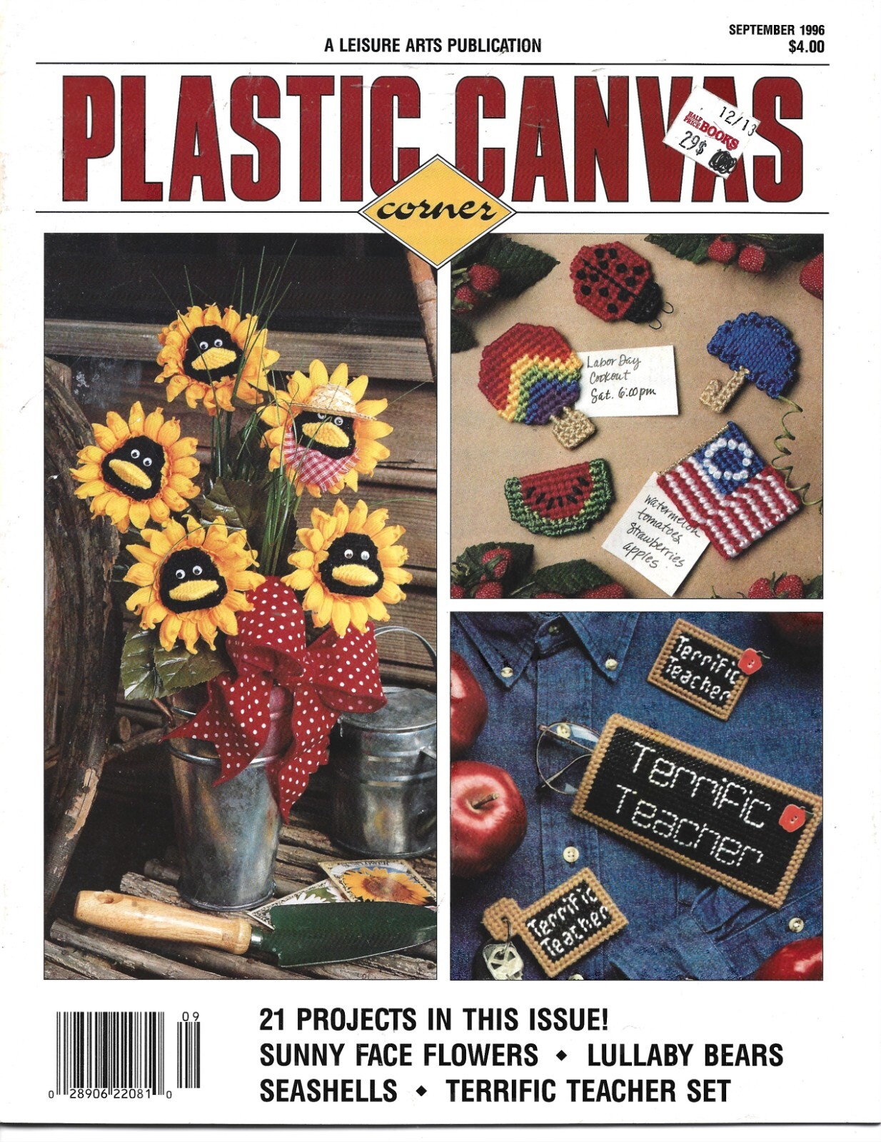 Leisure Arts Plastic Canvas Corner Sept 1996, 21 Projects, Flowers,Bears & more