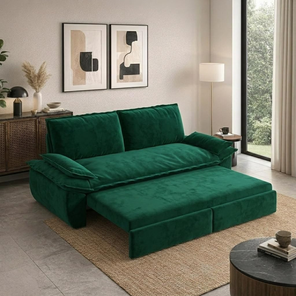 73.2" Sofa Bed Queen, 3-In-1 Pull Out Sofa Bed with Pillow Armrest, Modern Velve