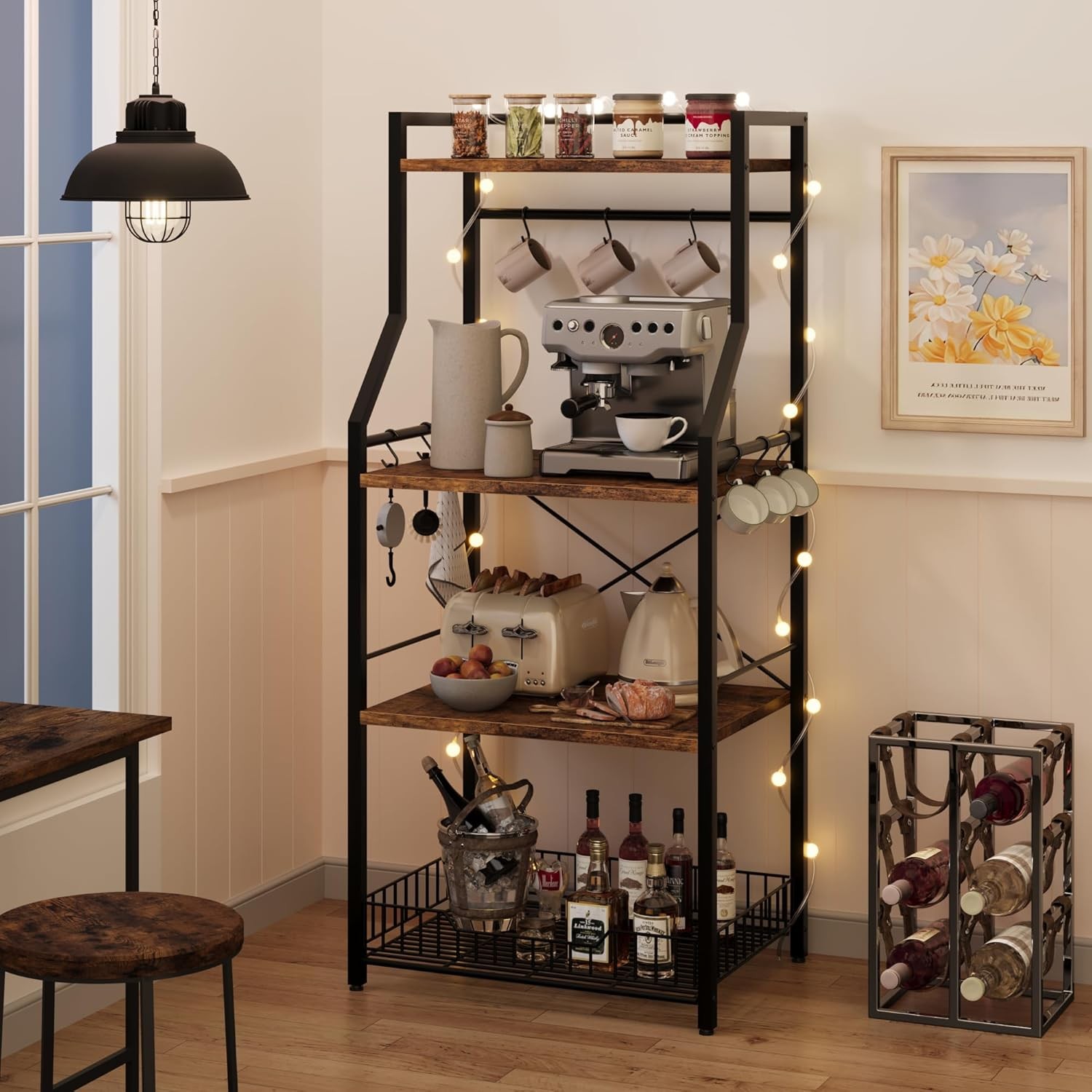 Industrial 4-Tier Bakers Rack,Kitchen Utility Shelf w Microwave Stand&Coffee Bar