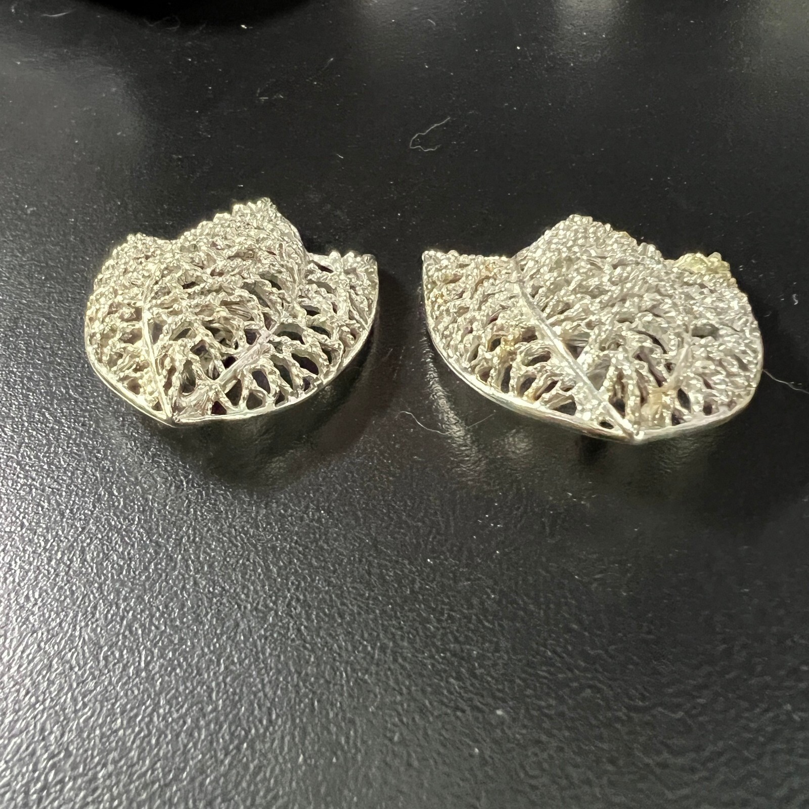 Vintage Emmons Leaf Clip On Earrings Open Metal Work Brushed Silver Tone