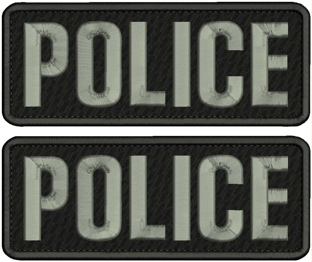 POLICE 2 Embroidery Patches 3X8  HOOK ON BACK GRAY ON BLACK