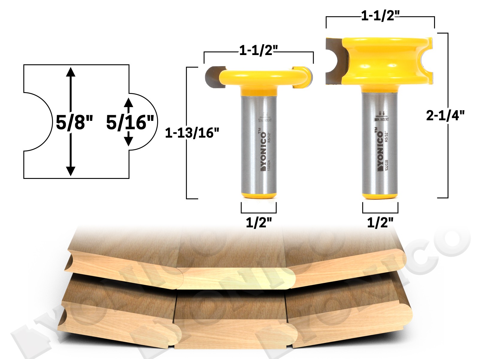 5/16" Bead 2 Bit Canoe Joint Router Bit Set - 1/2" Shank - Yonico 13202