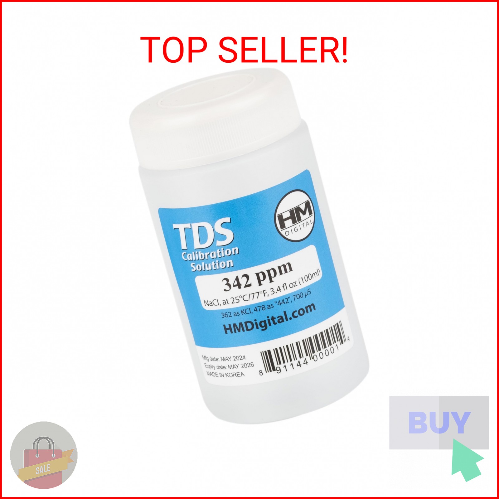 HM Digital C342 TDS and EC Calibration Solution, 342 ppm (NaCl), 90 ml Volume, T