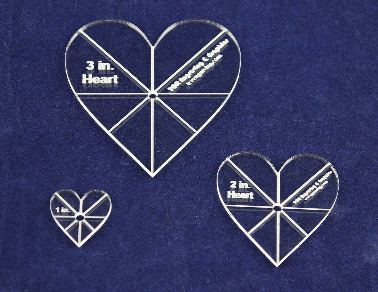 Heart Template 3 Piece Set. 1,2,3 Inches - Clear 1/8 Inch Thick w/ guidelines
