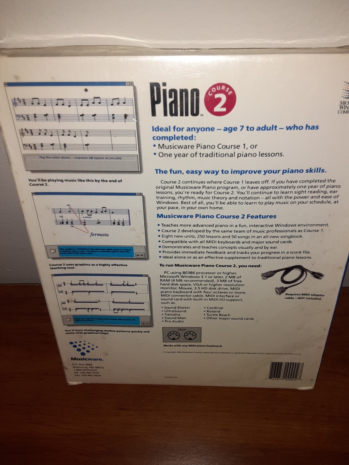 1994 Musicware PIANO COURSE 2 Microsoft Windows Compatible NEW Sealed