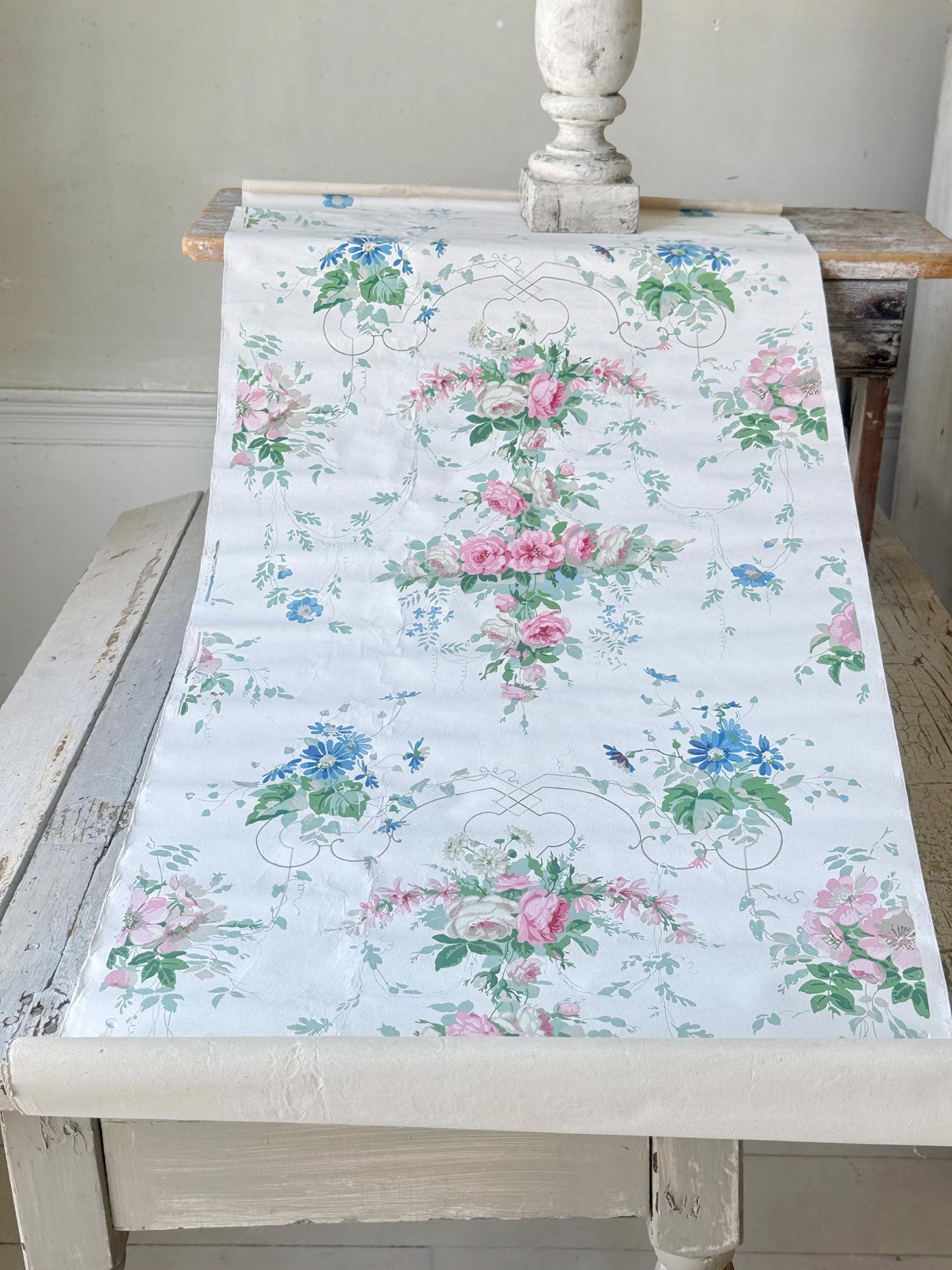 1.25yd antique French wallpaper hand block printed floral garland chateau chic