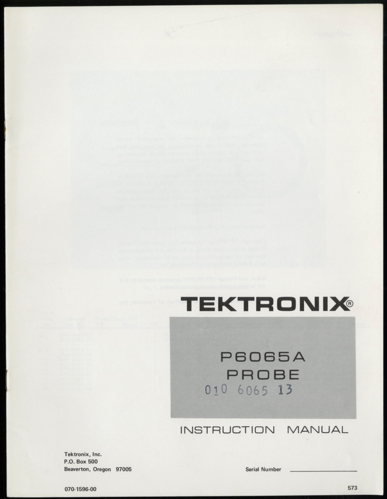 TEKTRONIX P6065A PROBE INSTRUCTION MANUAL, 010-6065-13, 070-1596-00
