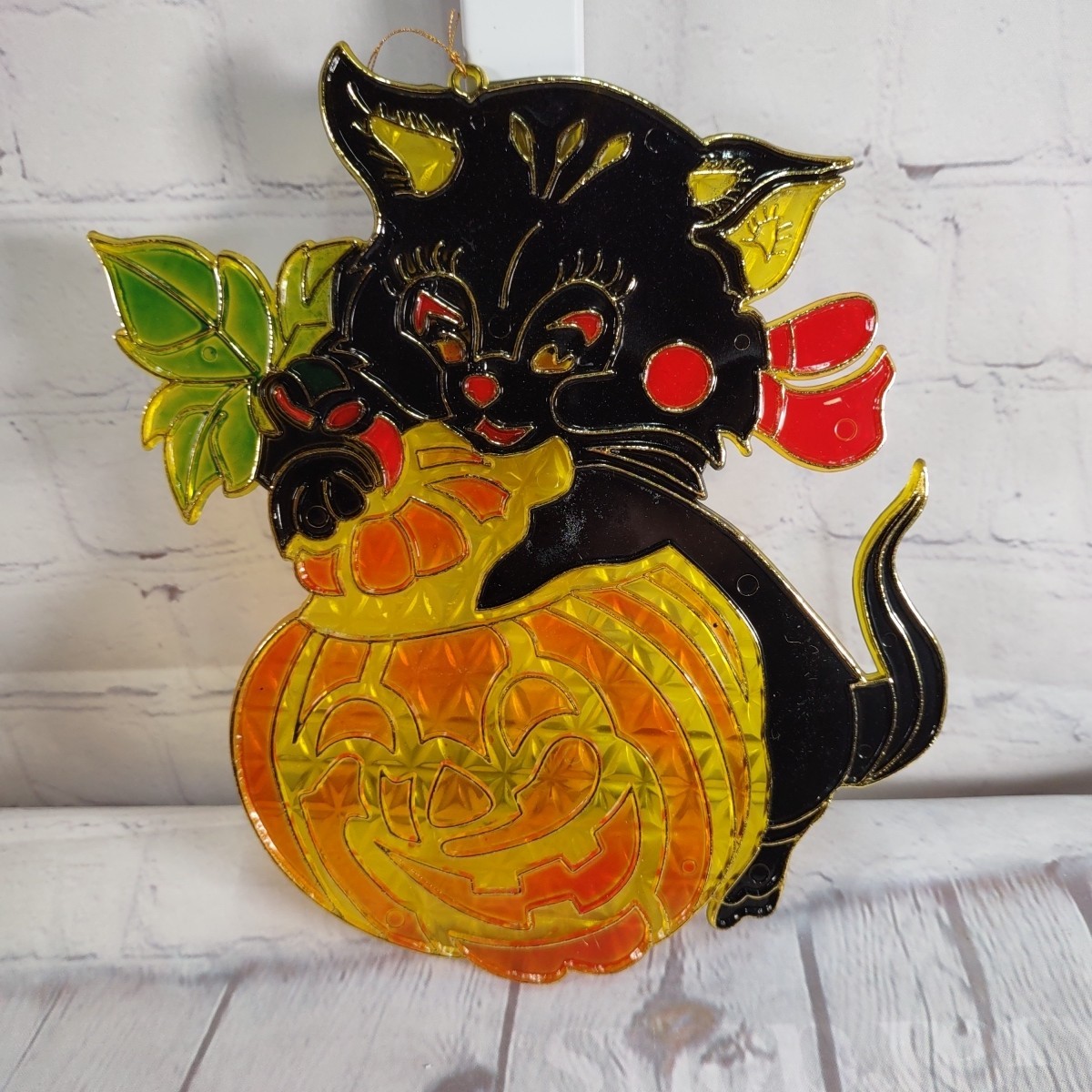 Vintage Halloween Suncatcher Black Cat Pumpkin Plastic 8" x 6.5"