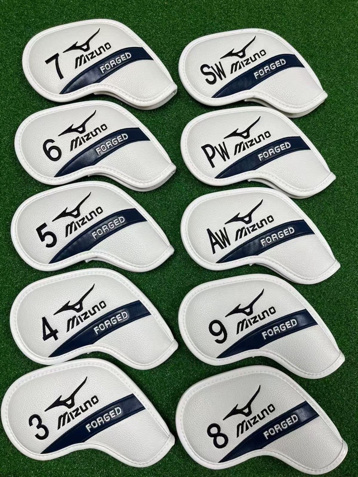 9Pcs Mizuno Golf Iron Head Covers Case Leather Magnetic White/Blue 3-9+ASP/W