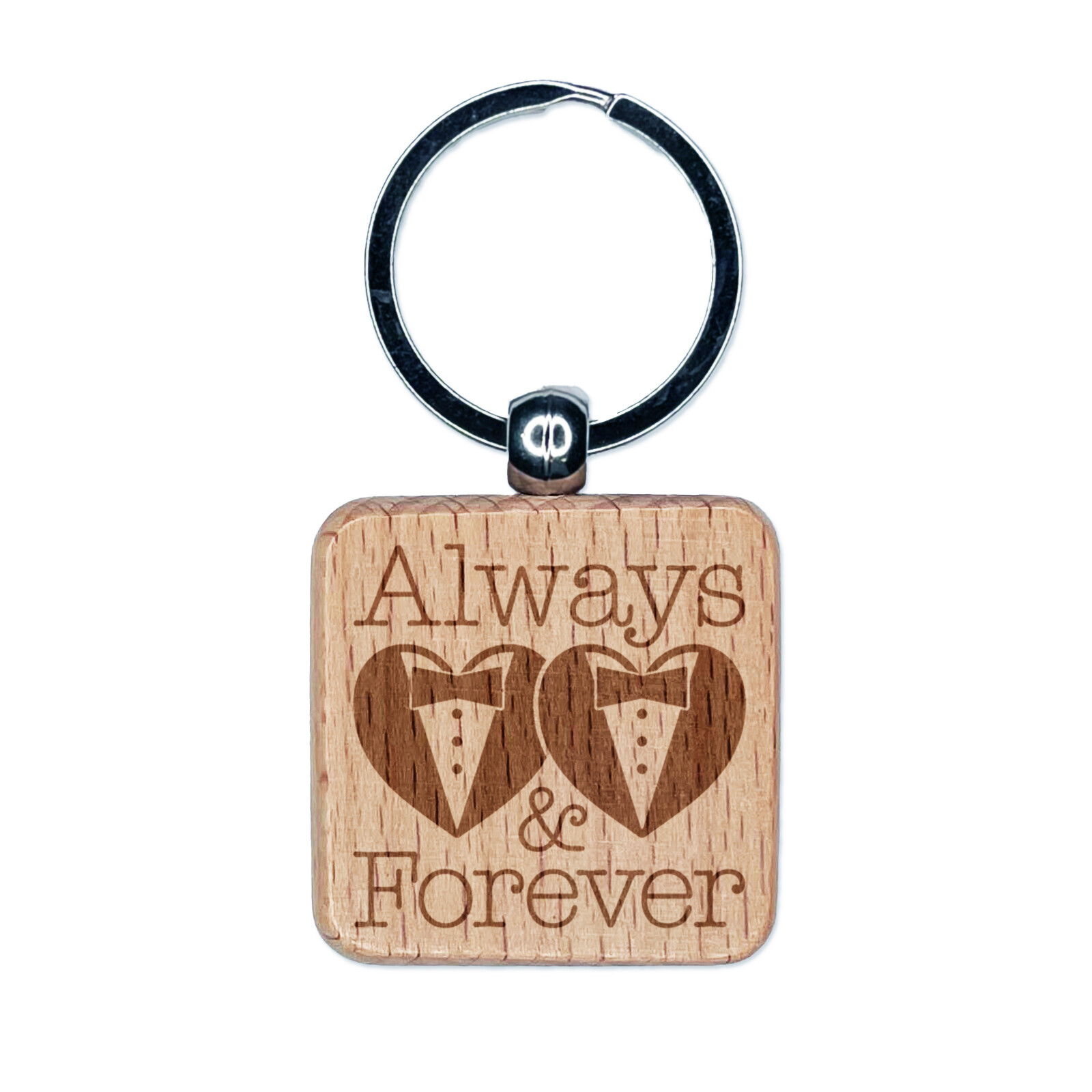 Mr and Mr Always and Forever Wedding Tuxedo Hearts Engraved Wood Square Keychain