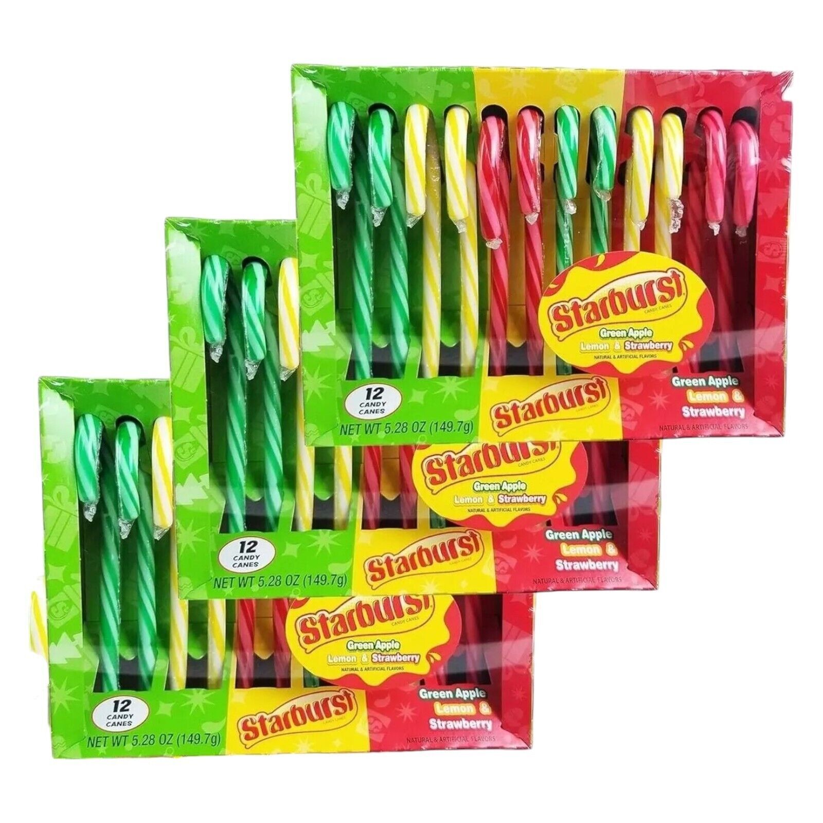 Starburst Candy Canes Limited Edition Strawberry Green Apple Lemon 12 Canes x3