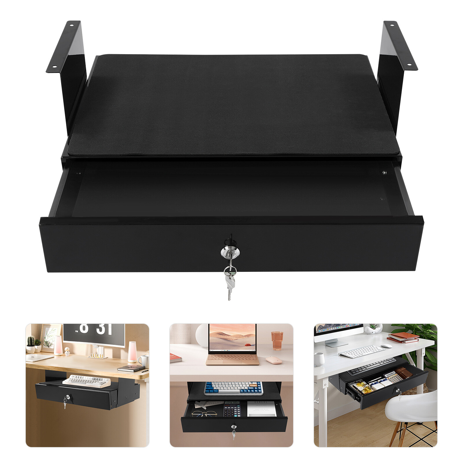 Under Desk Sliding Pull-Out Drawer With Computer Pad & Lock Black
