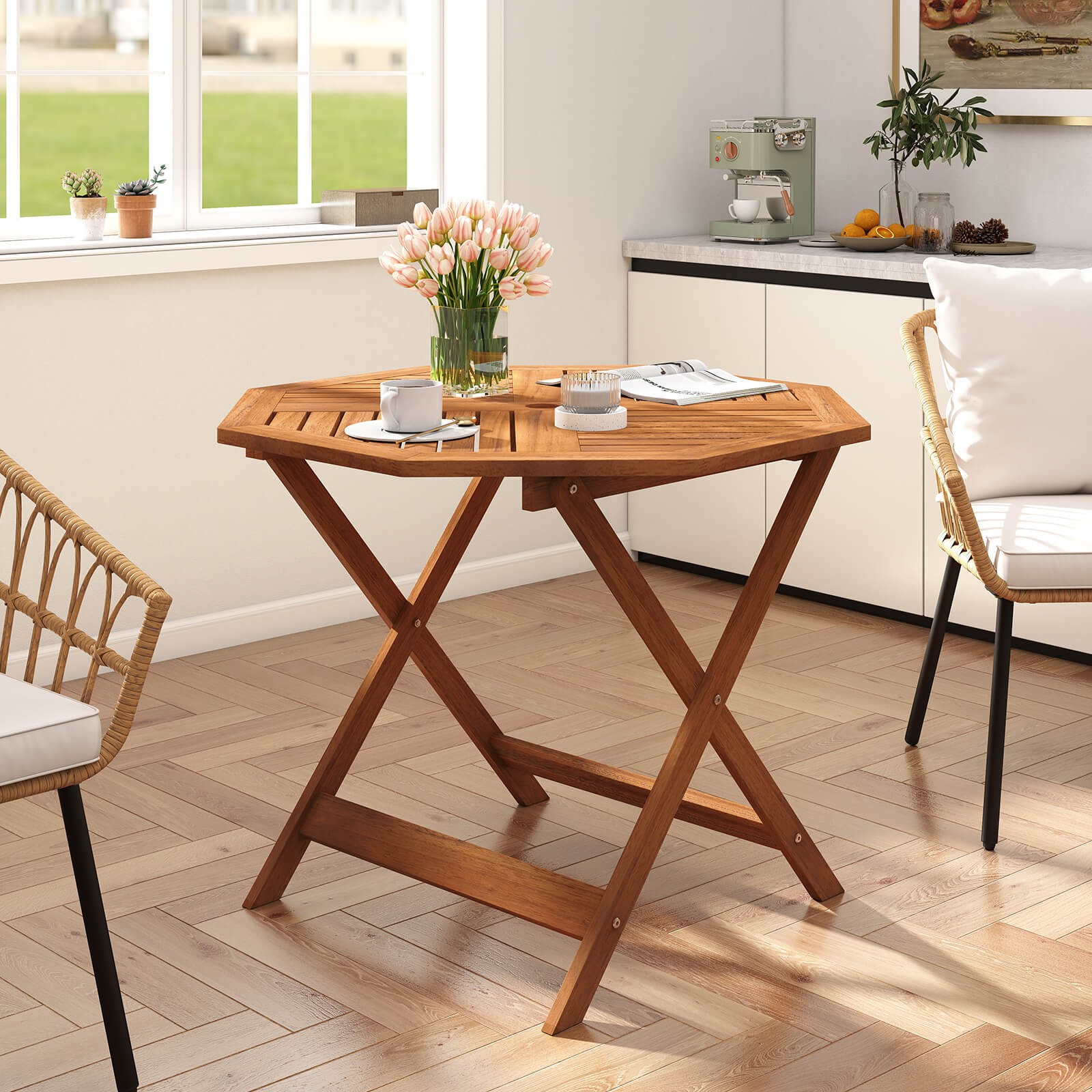 35.5” Solid Wood Patio Dining Table w/1.97” Umbrella Hole Slatted Tabletop