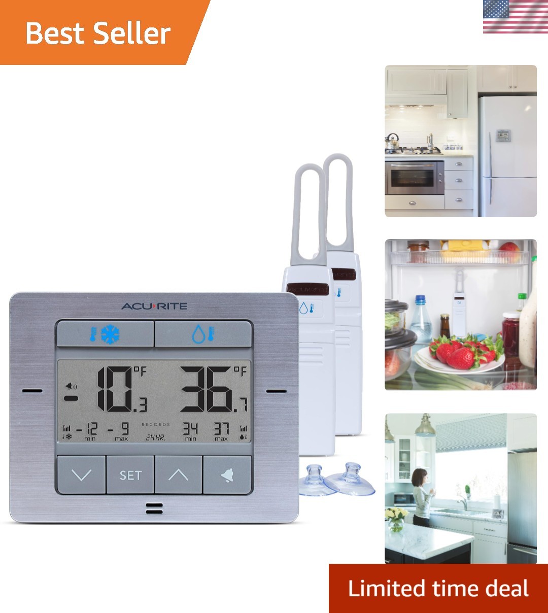 Digital Wireless Fridge and Freezer Thermometer with Alarm, Max/Min Temperatu...