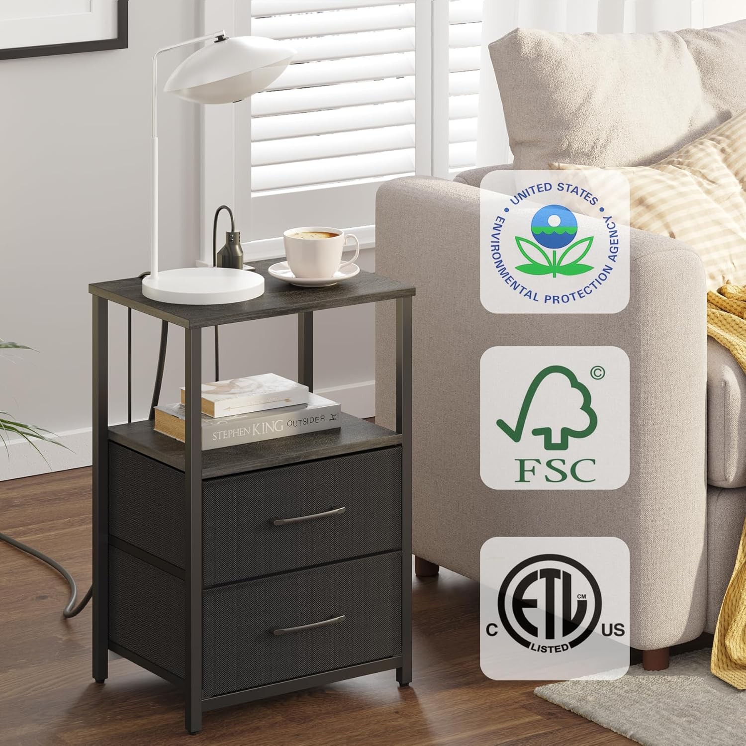 End Table W/ Charging Station Side Table W/ 2 USB Ports & Outlets Nightstand W/