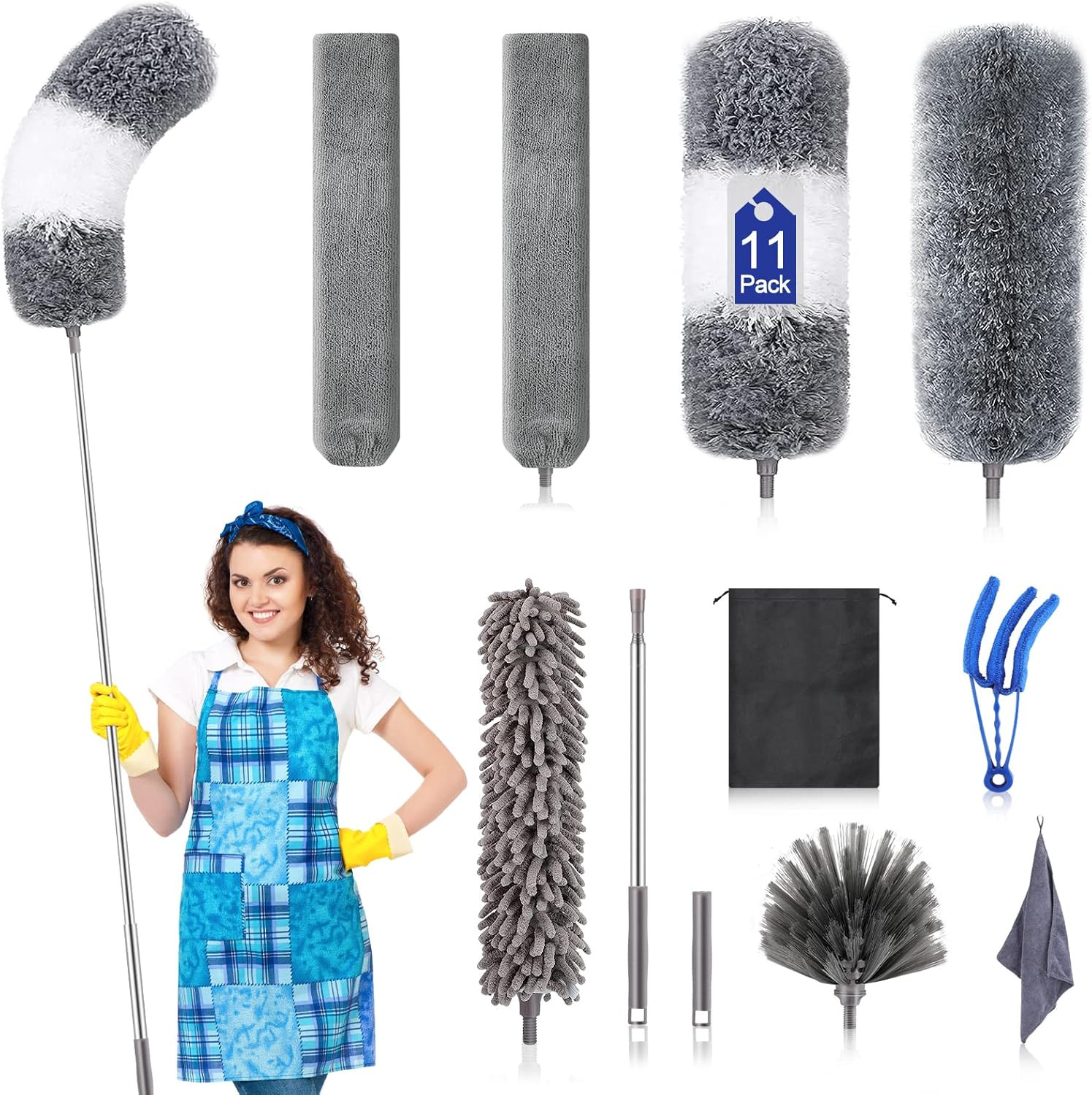 Microfiber Duster Kit (11PCS) - Washable Dusters with Extension Pole (30 to 100