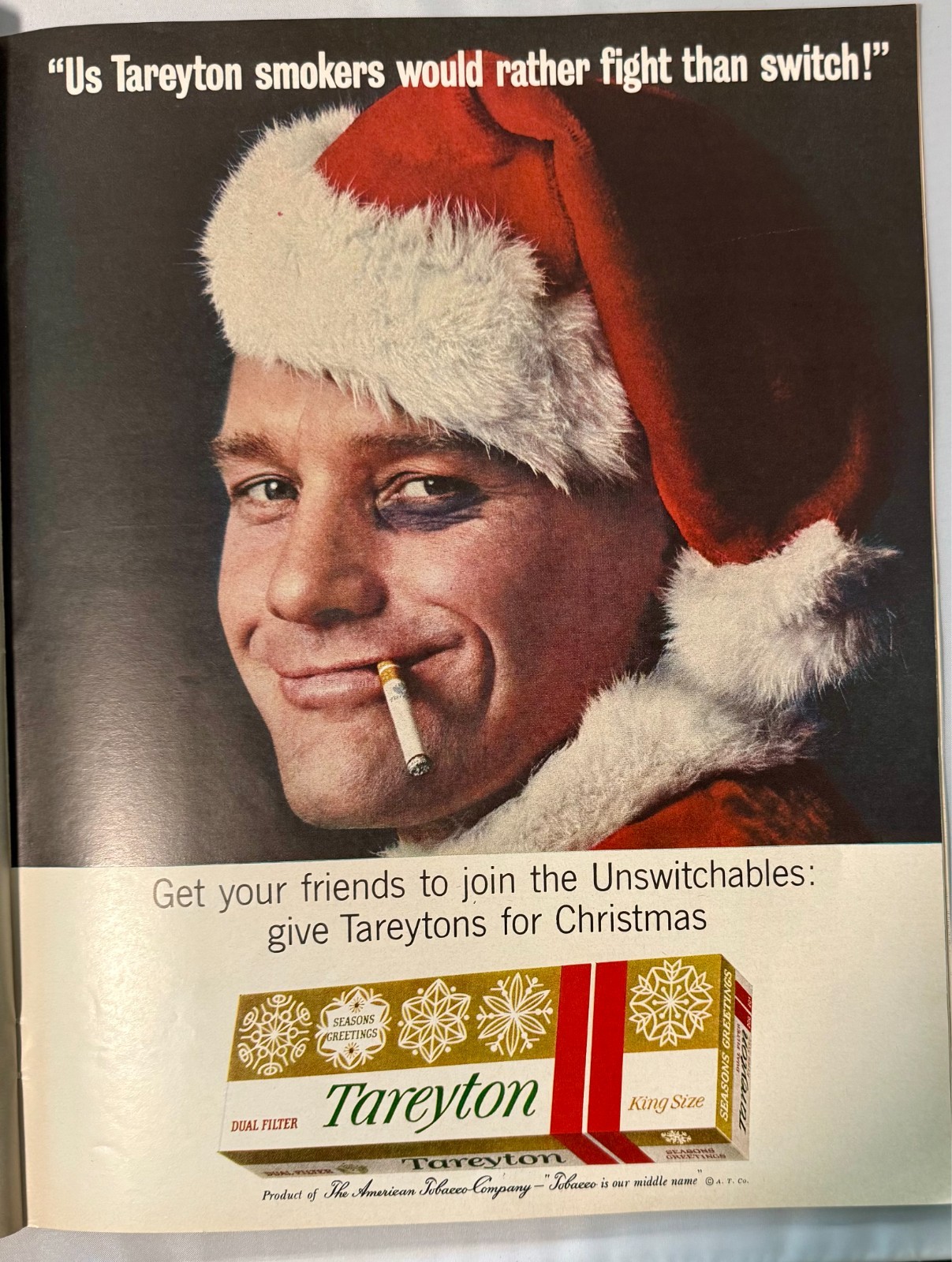 1963 Tareyton Cigarettes Vintage Print Ad Christmas Santa Hat Rather Fight