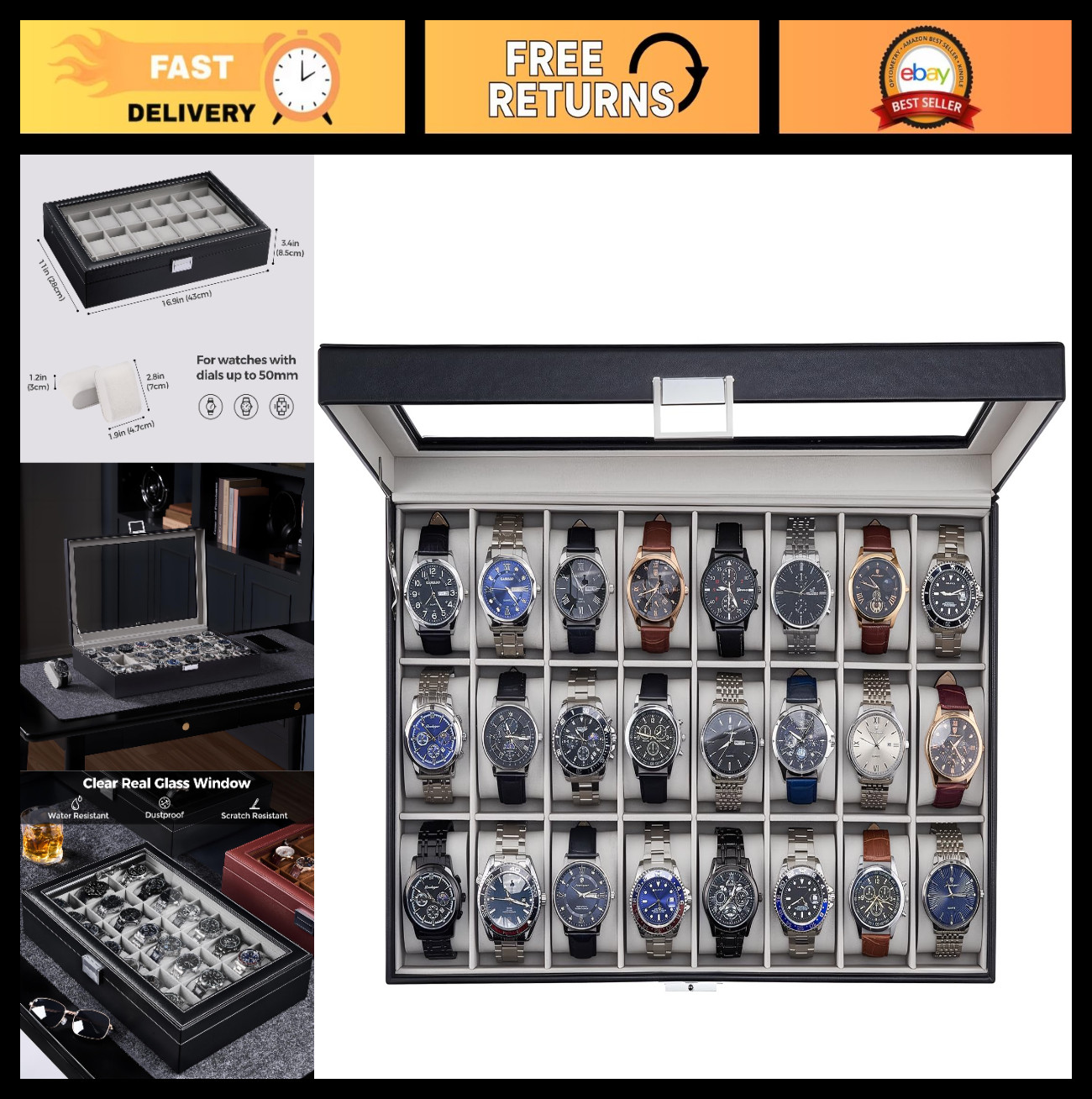 24 Slot Watch Box Display Case with Glass Lid, Removable Pillows - Organizer for