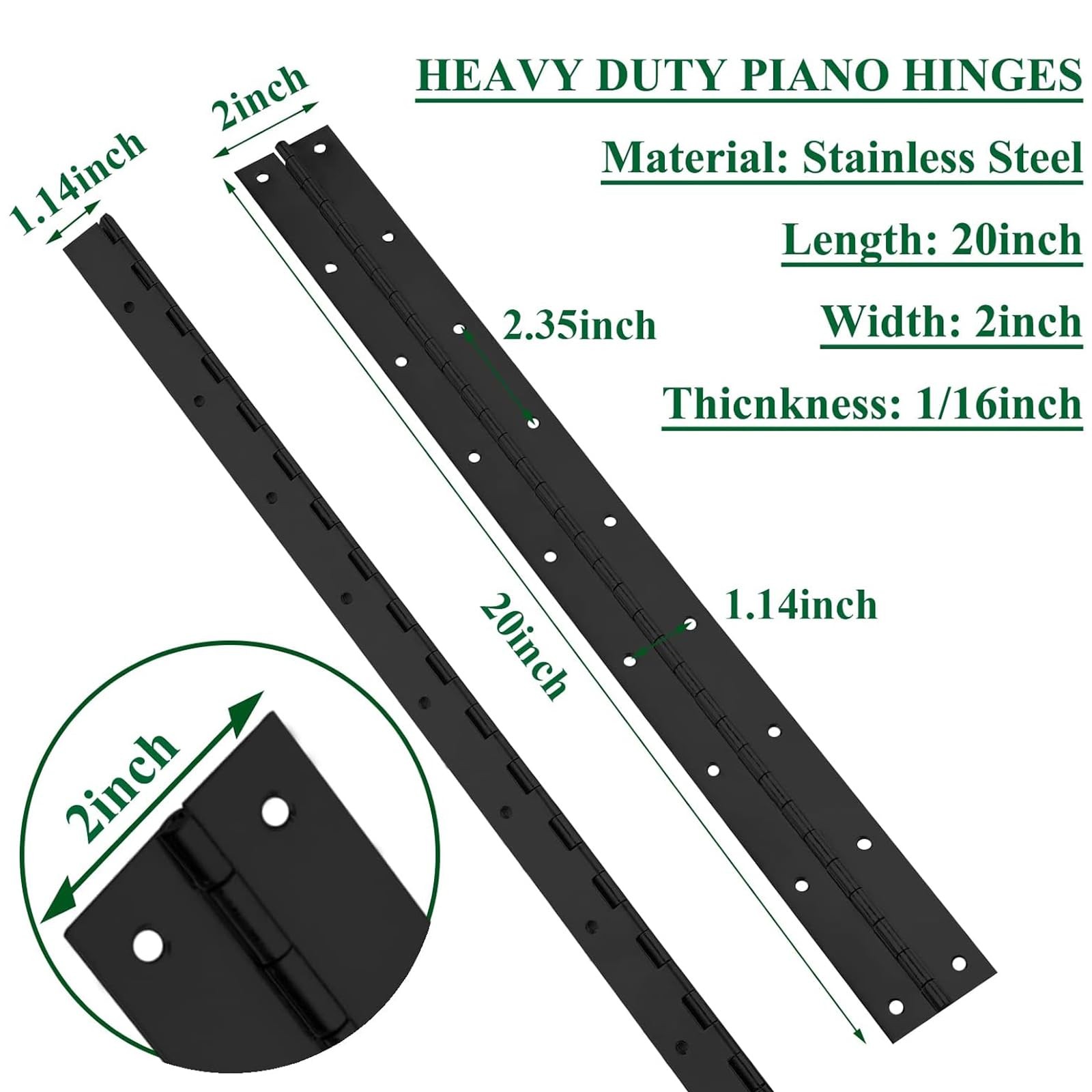 2Pack Heavy Duty Piano Hinge, 2" Open Width x 20" Continuous & 20INCH