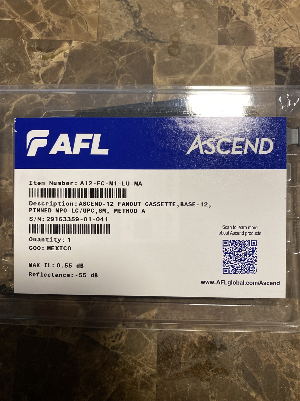 AFL Ascend A12-FC-M1-LU-MA Fanout Cassette Base-12 Pinned MPO-LC/UPC,SM