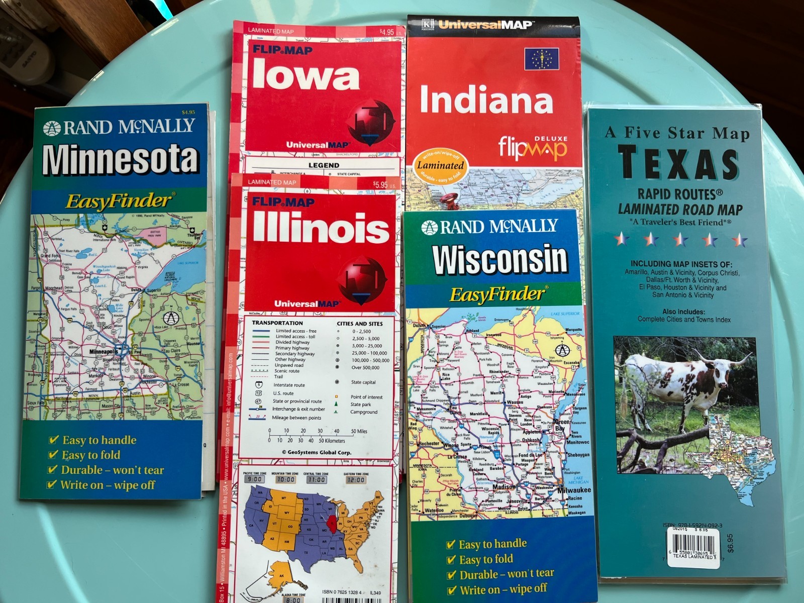 (6) Vintage Laminated State Maps - MN, Iowa, Illinois, Indiana, Texas, & WI