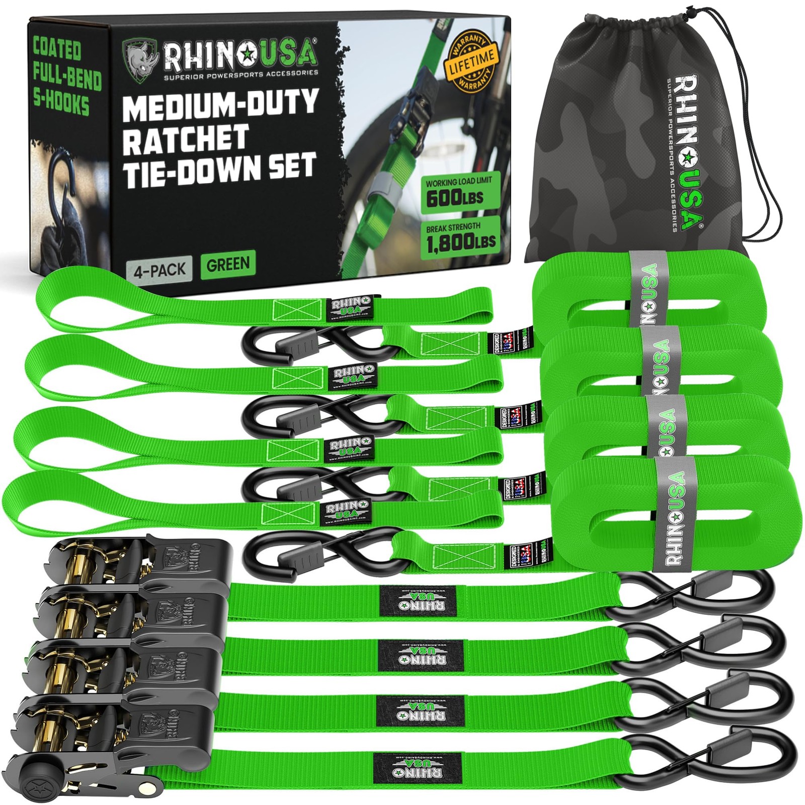 Rhino USA Ratchet Straps Tie Downs (4-Pack) - 1" x 15', 1823lb Break Strength
