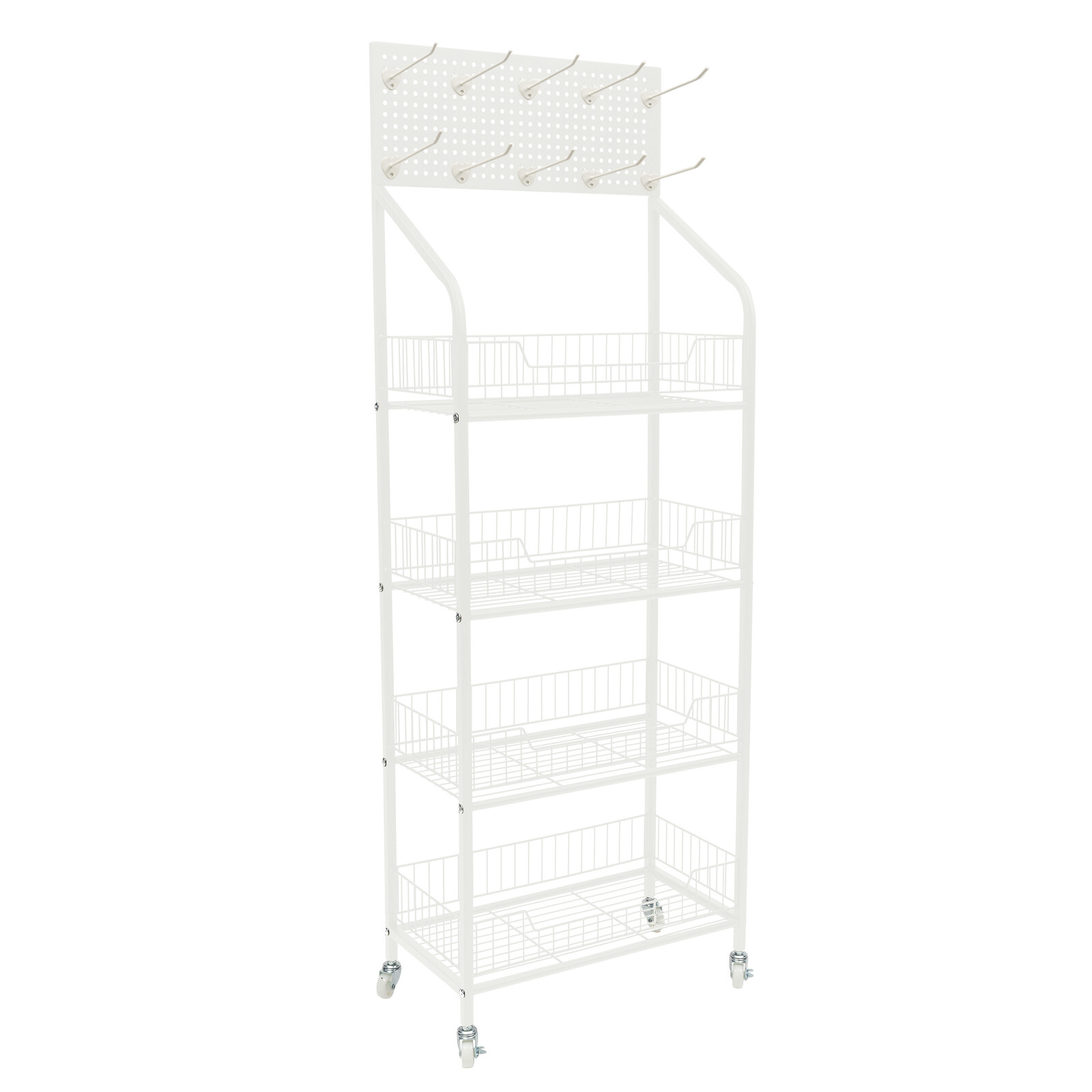 4-Tier Metal Snack Display Rack With Hooks & Wheels White