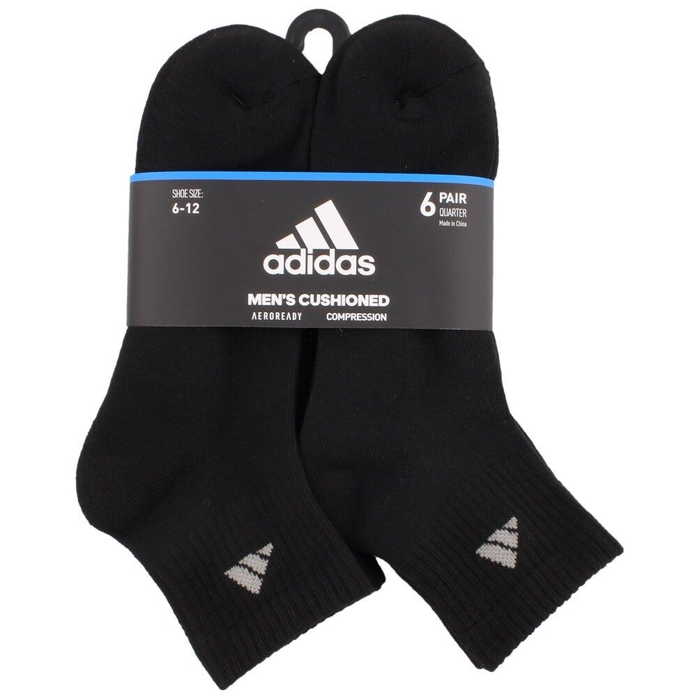 Adidas 6 Pairs Men's Shoe Size 8 - 12 Cushioned Quarter Socks Black LARGE #358