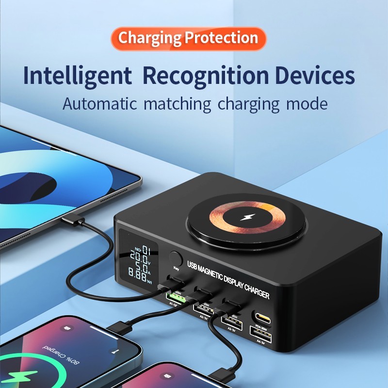 140W Wireless Charg 1+8 Multifunctional Digital Display 8 port Charger for IP/SM