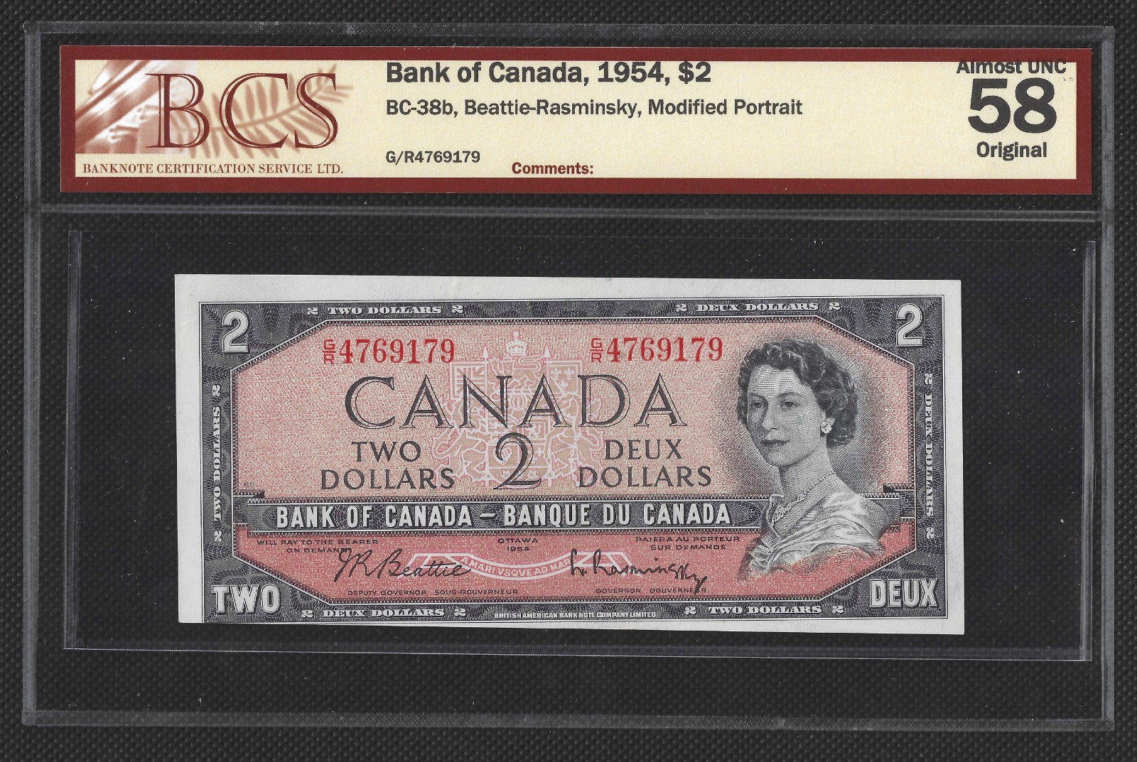 1954 Bank of Canada $2 Beattie/Rasminsky Non-Test G/R4769179 BCS CH.AU58 BC-38b