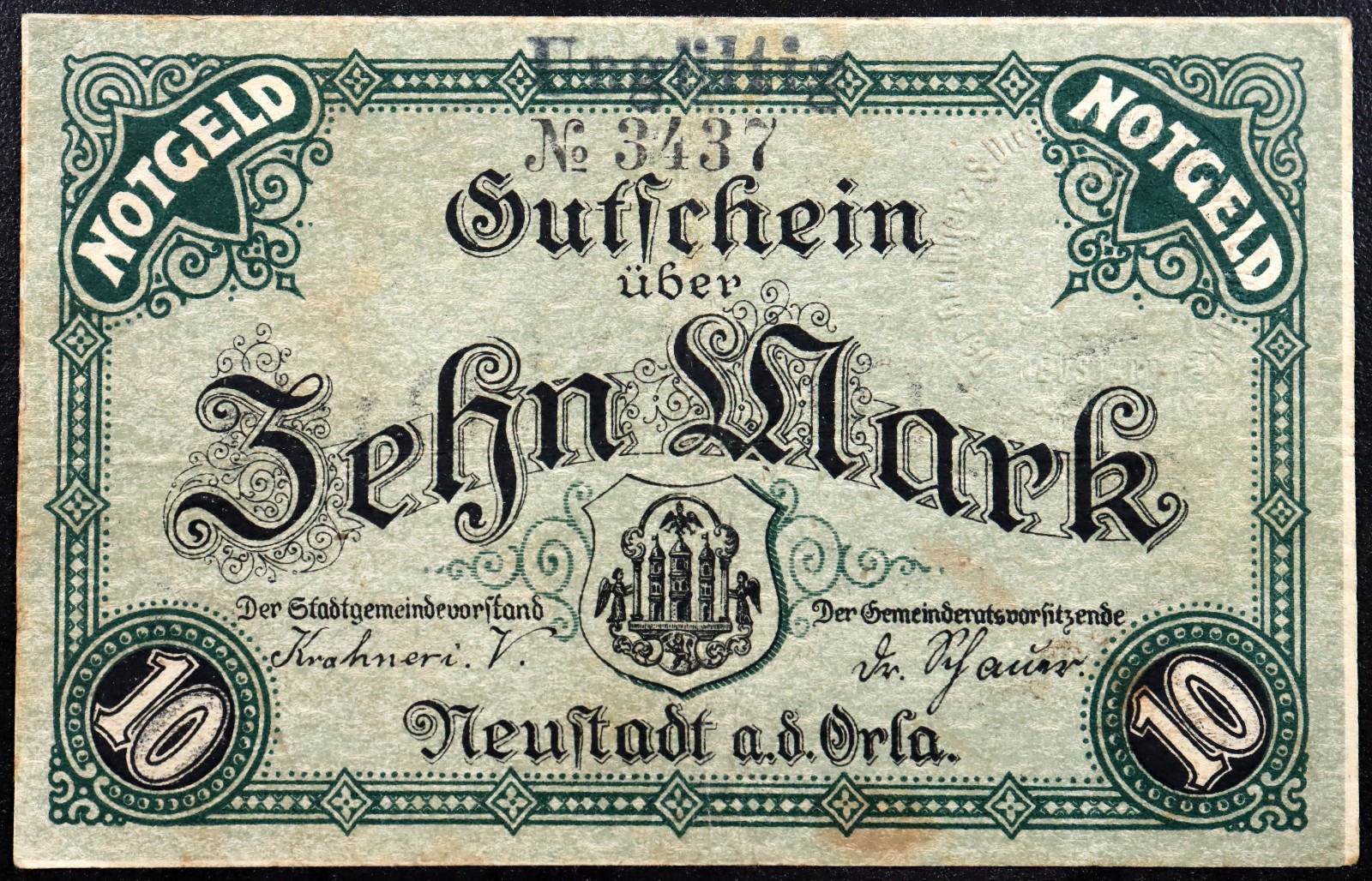 NEUSTADT a.d. ORLA 1918 Raised Seal 10 Mark Grossnotgeld German Notgeld Banknote