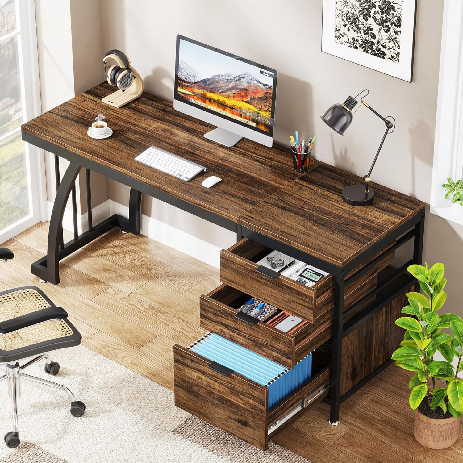 Tribesigns Computer Desk with 3 Drawers, 59-Inch PC Desk with Reversible Drawers
