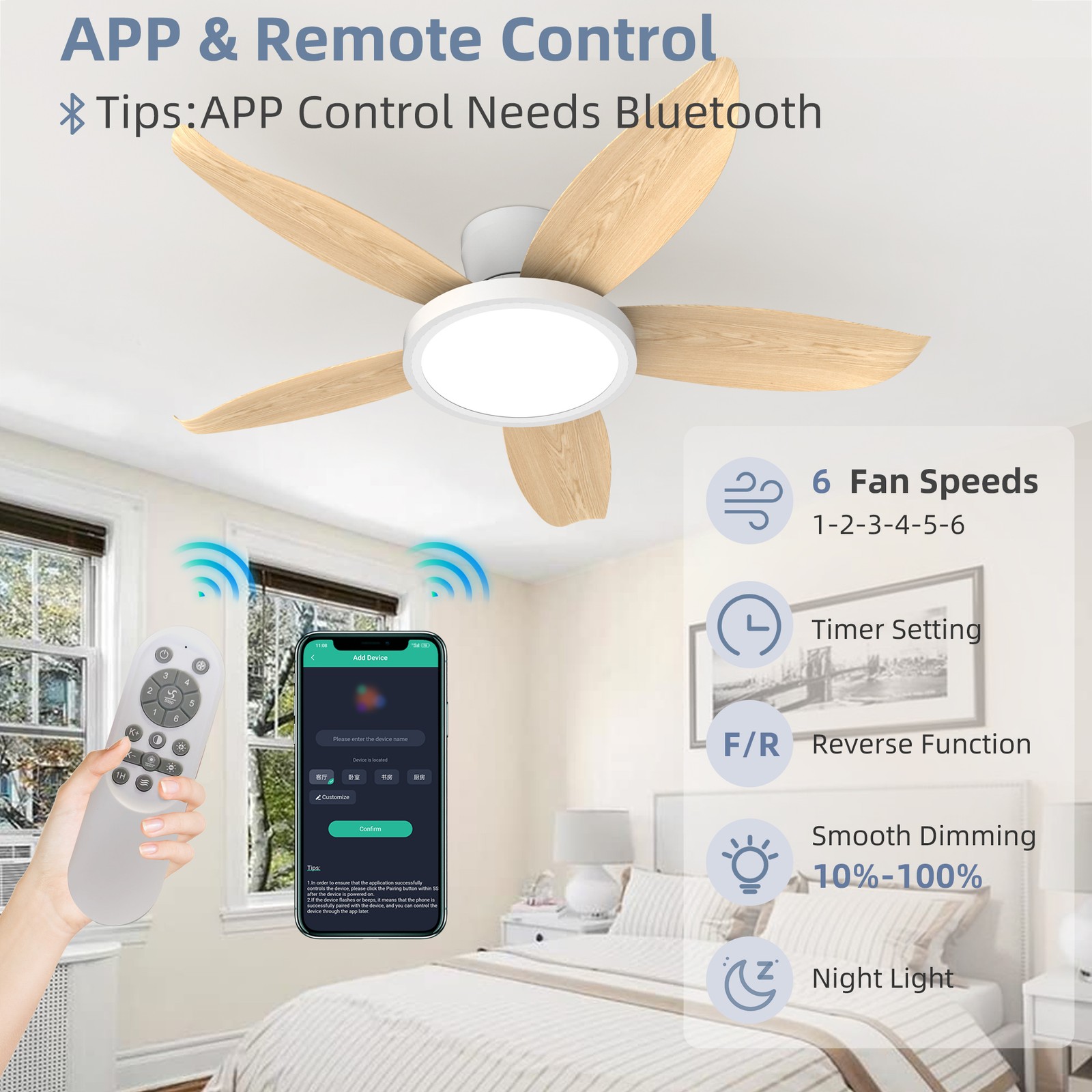 42" Low Profile White Ceiling Fan with LED Light Flush Mount Remote APP Control
