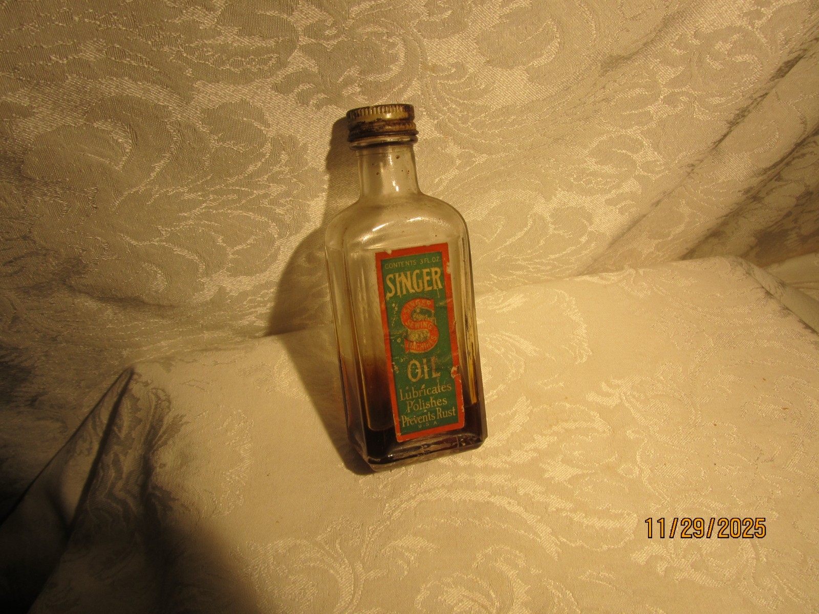 Vintage Embossed Singer Sewing Machine Glass Oil Bottle w/Label & Cap Made USA