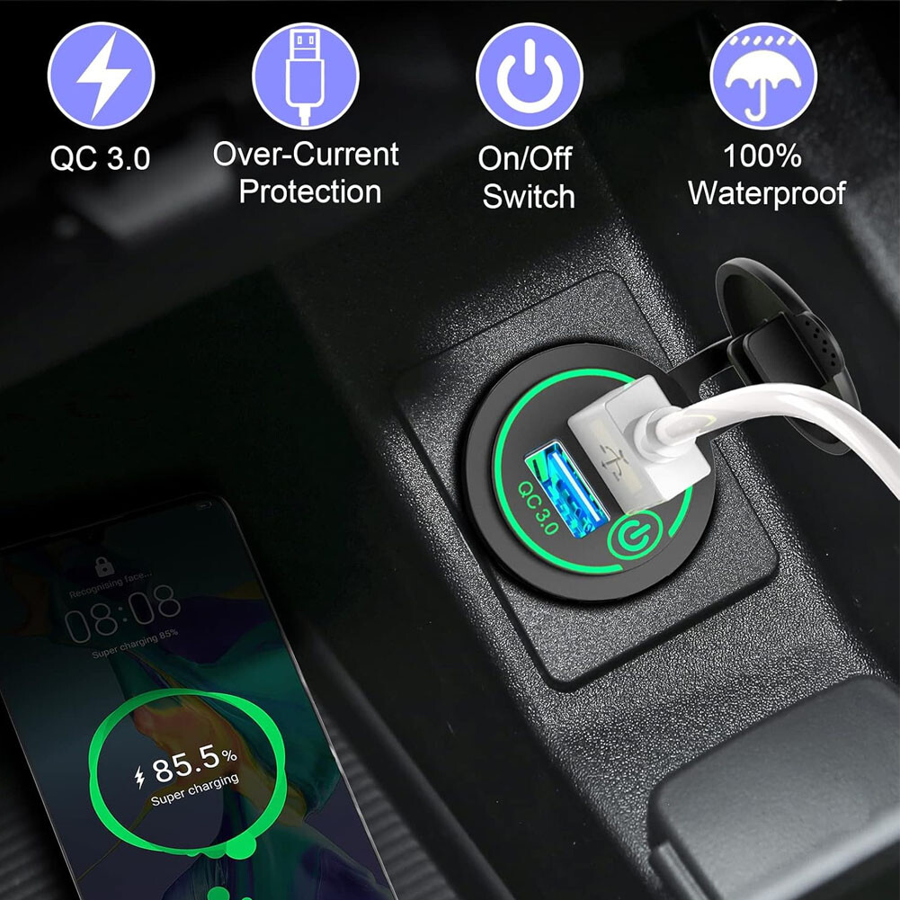 Car Charger Cigarette Lighter Touch Switch QC 3.0 Dual USB Power Socket Green