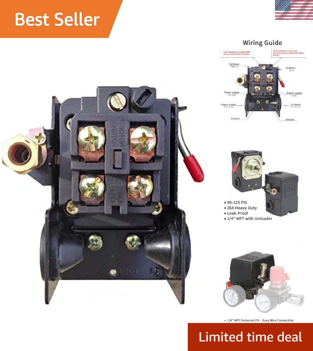 Air Compressor Pressure Switch 90-125 PSI, 26A Heavy Duty 1/4" NPT Single Por...