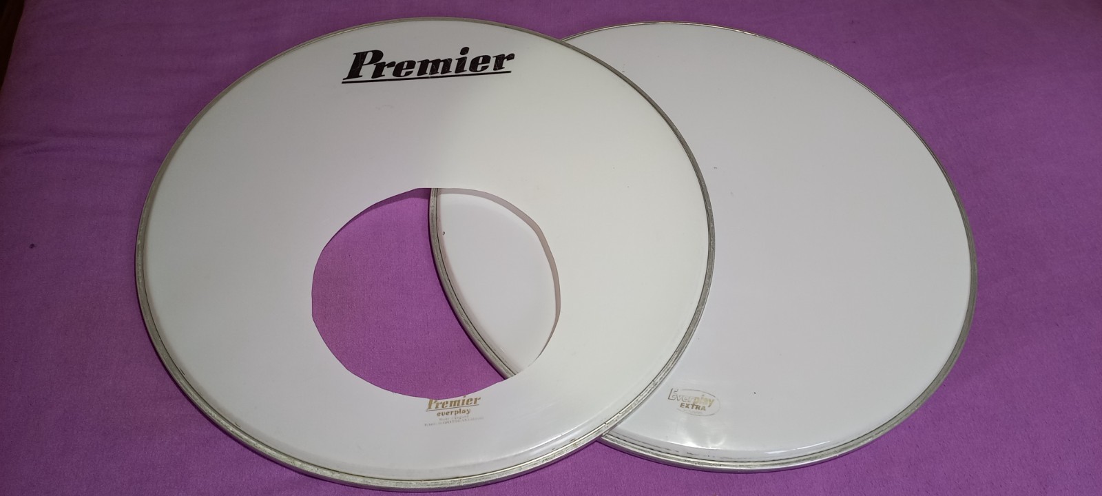 PAIR x Vintage Premier Everplay Gold logo 22" bass drum heads vg/gc 70s