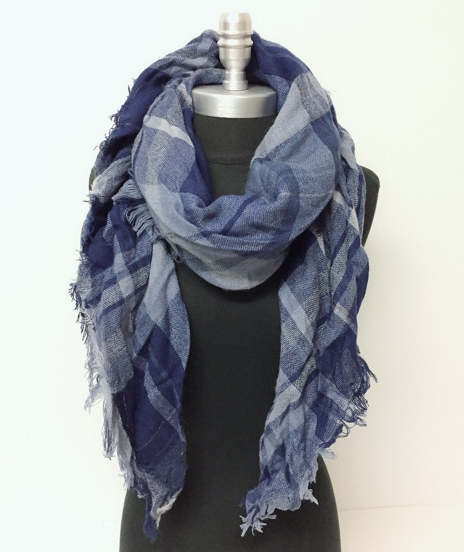 WHOLESALE Lot of 5PC Mid weight Plaid Square Scarf w/ lurex Blue Cozy Wrap shawl