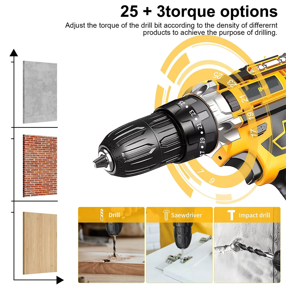21V Cordless Hammer Drill Set Electric Impact Driver Screwdriver with 2 Battery