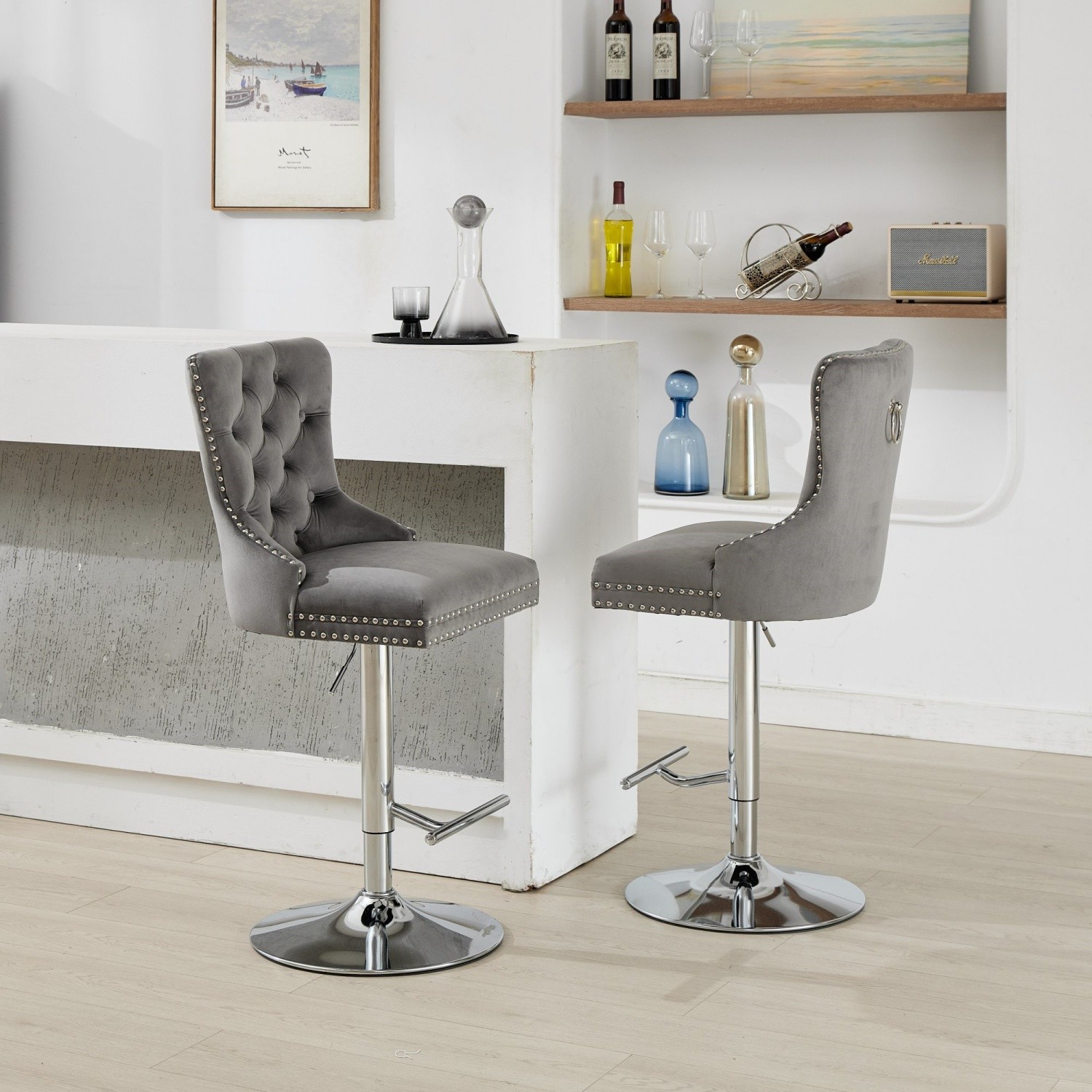 Set of 2 Swivel Bar Stools Velvet Bar Chairs Adjustable Height Dining Chairs