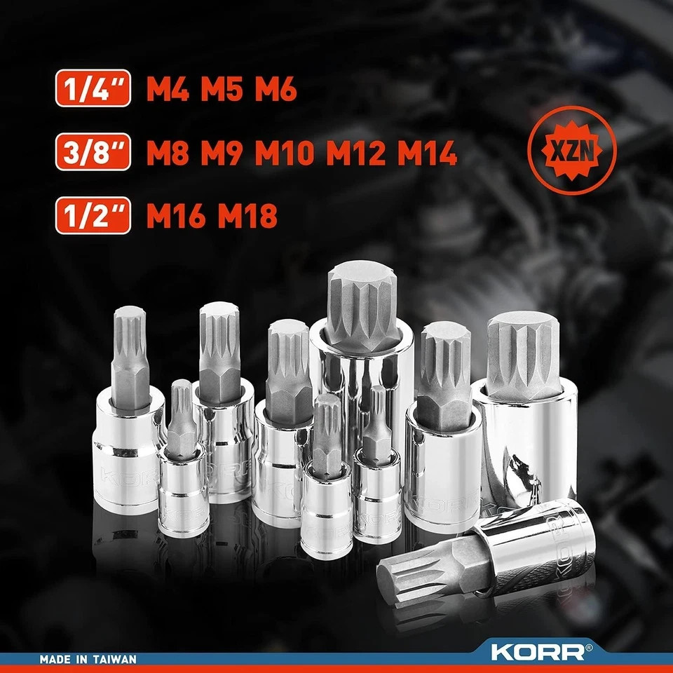 KORR Tools KSS009 10pc XZN Triple Square Spline Bit Socket Set One Size