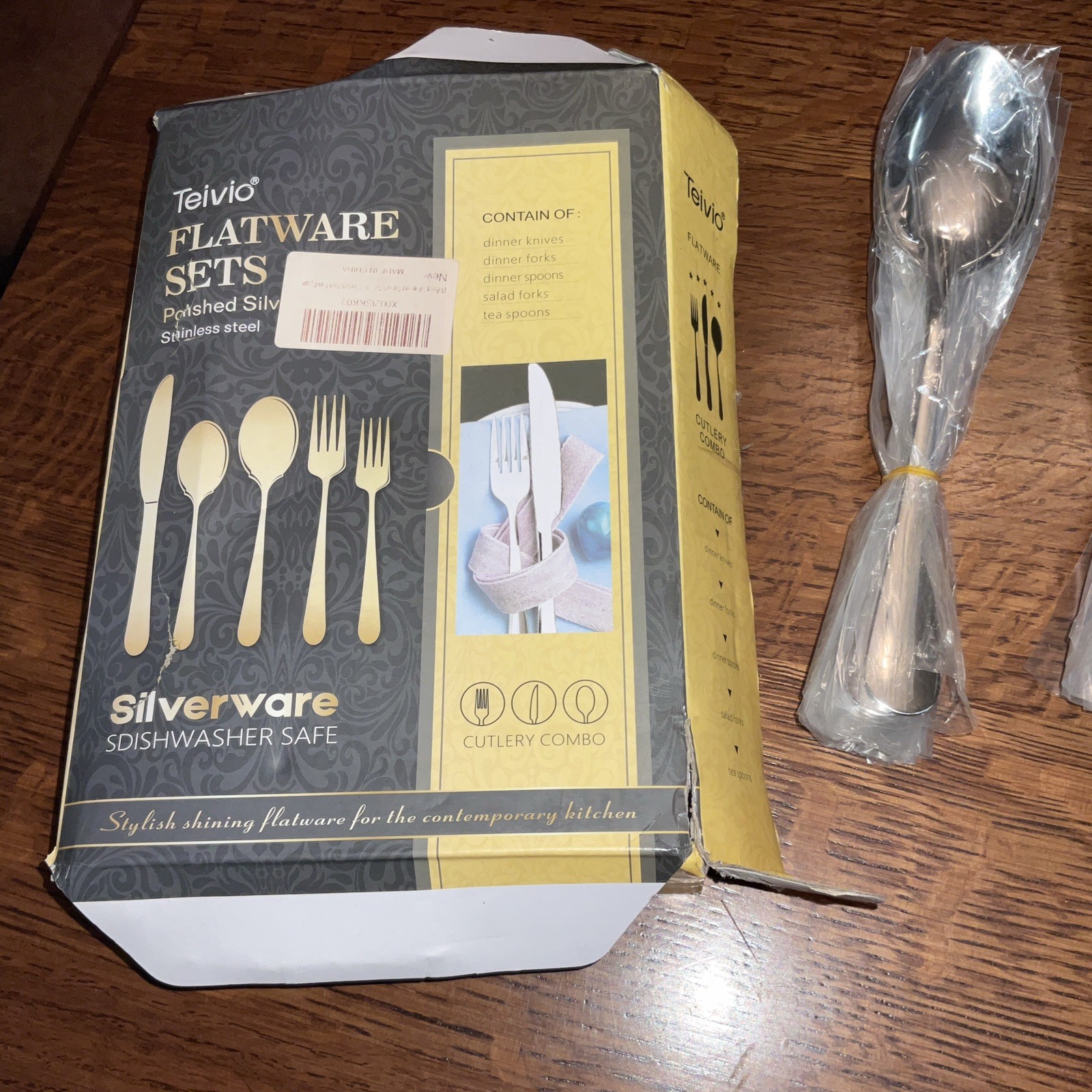 Teivio Flatware Set Stainless Steel Polished Silver 60 Pieces Open Box