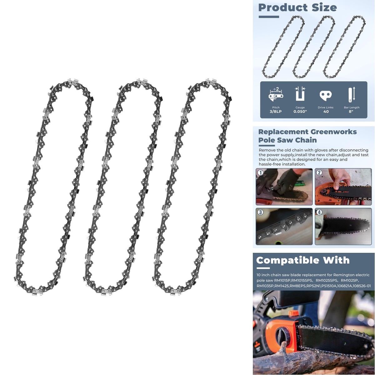 10 inch Chainsaw Chain Replacement for Remington RM1015P RM1025P 40 Drive Links