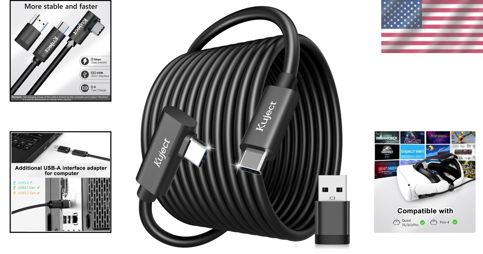 Flexible 16FT USB 3.0 Link Cable for Oculus Quest & Pico 4 - Fast Data Transfer