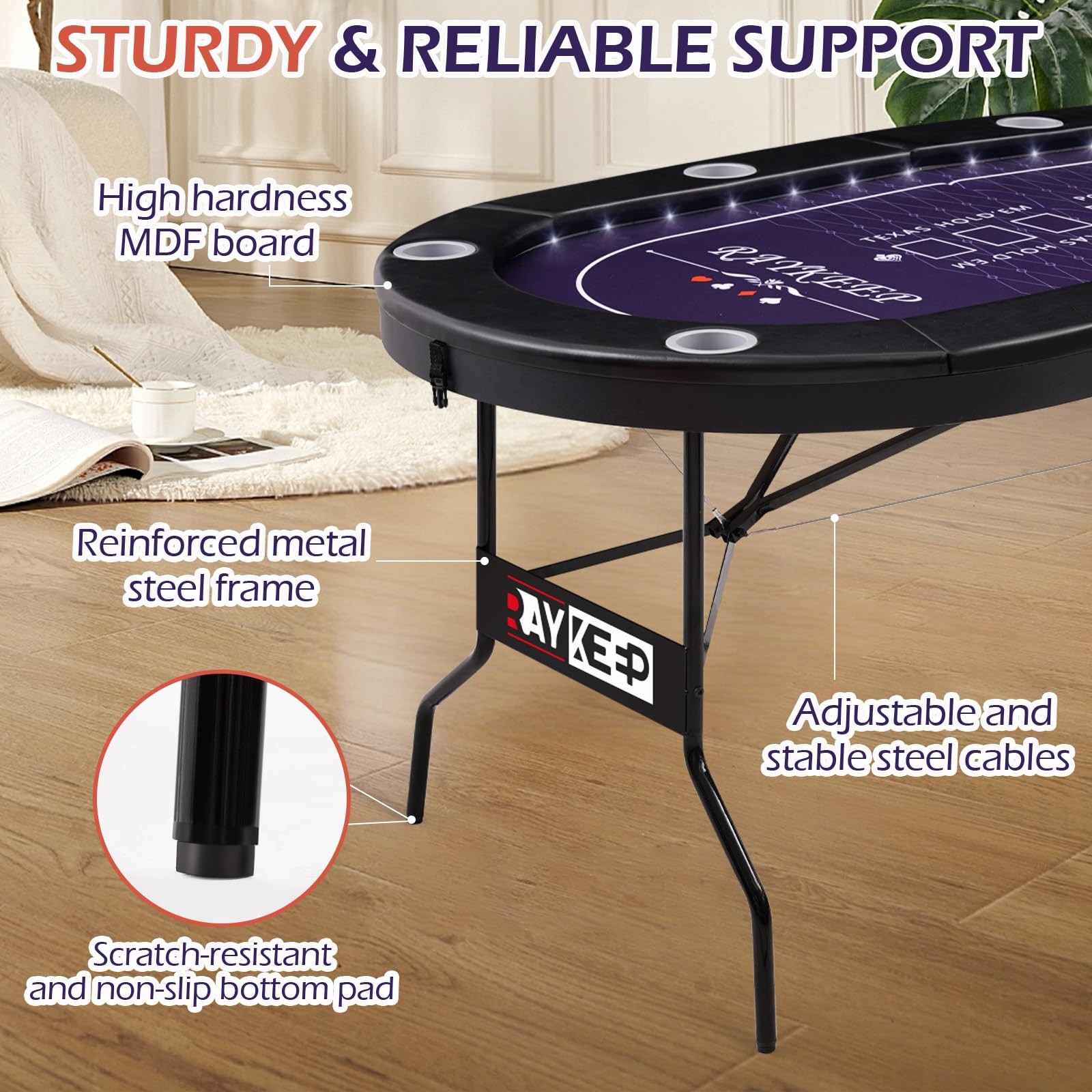 71" LED Poker Table - 8 Player Foldable Texas Hold'em Table