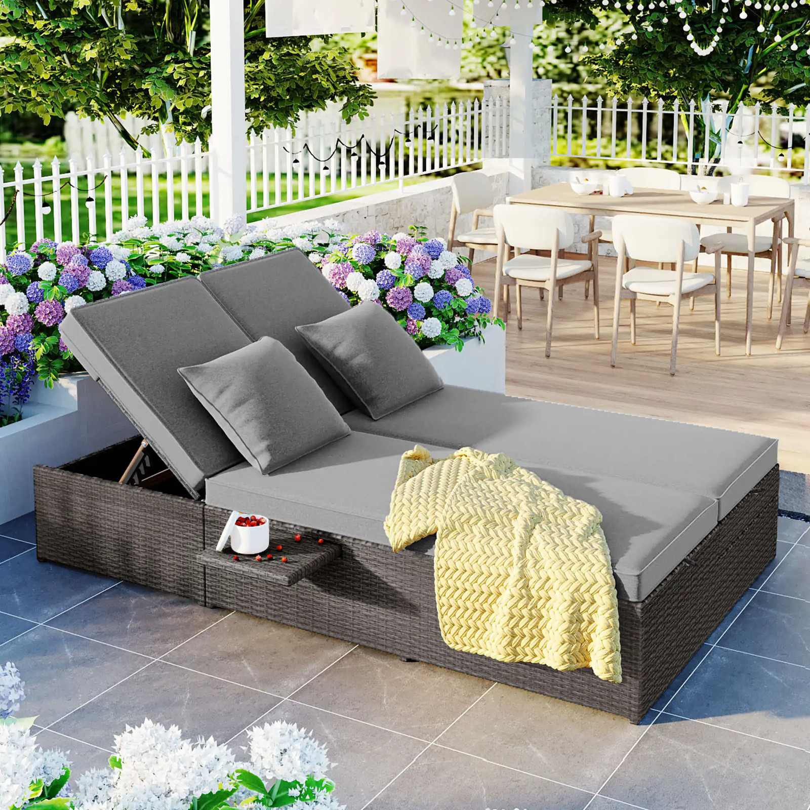 2-Piece Patio Wicker Sunbed Rattan Reclining Chairs with Trays Gray