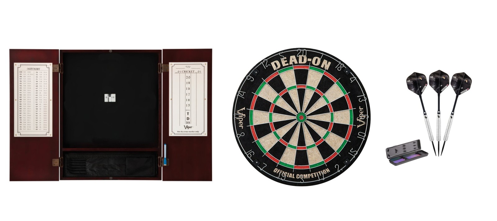 Bristle Dartboard + Mahogany Steel Tip Cabinet + Wizard Tungsten Darts